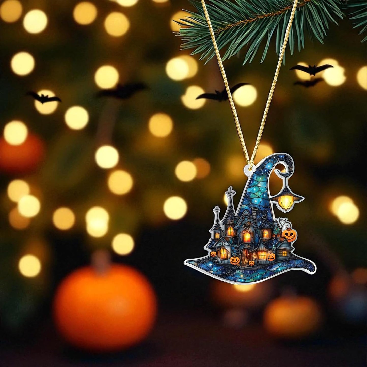 Witch Hats Ornament, Halloween Stained Glass Acrylic Ornaments, Halloween Party Supplies Indoor Outdoor Accessories, for Women, Basket Stuffers for Adults