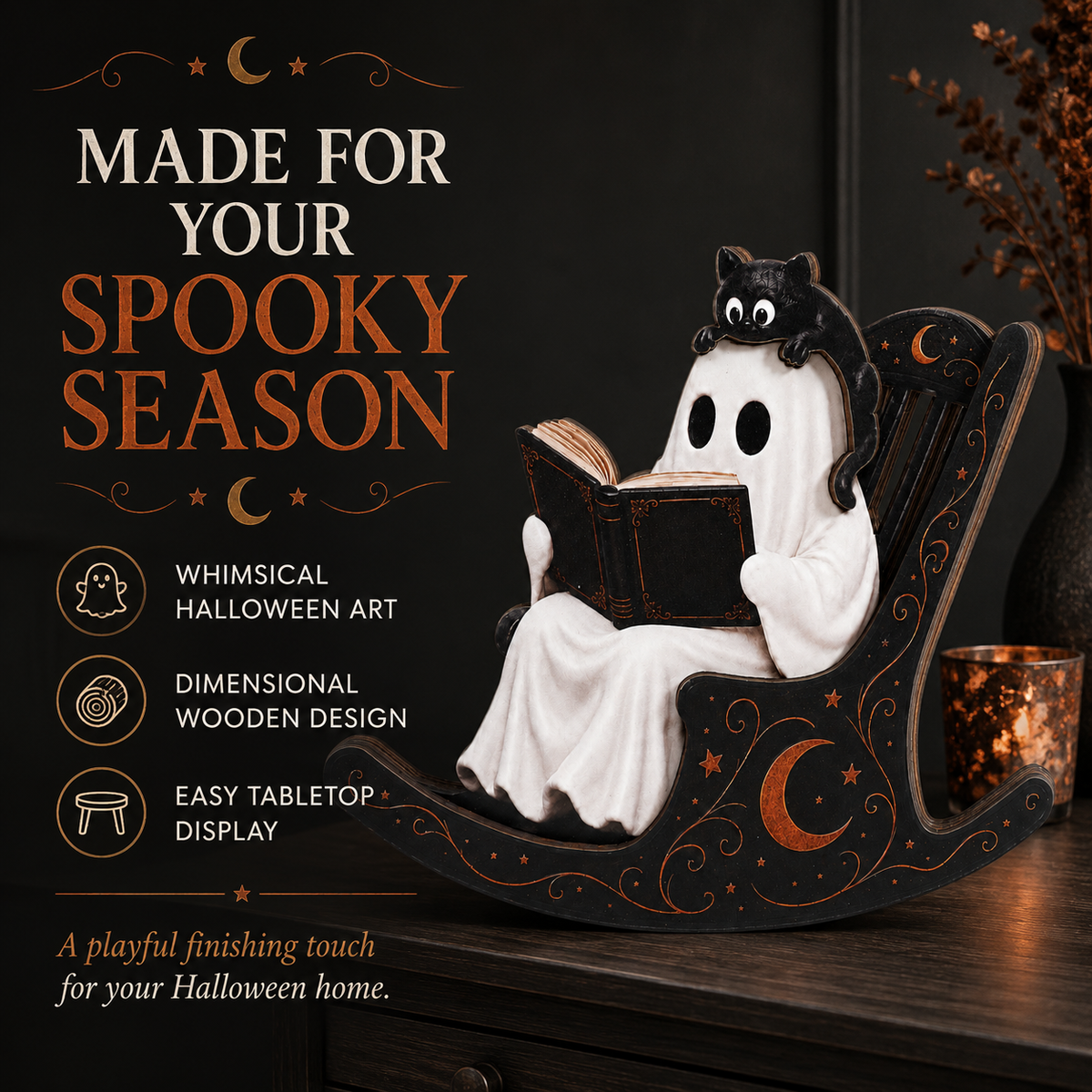 Ghost & Black Cat Rocking Chair Halloween Decor