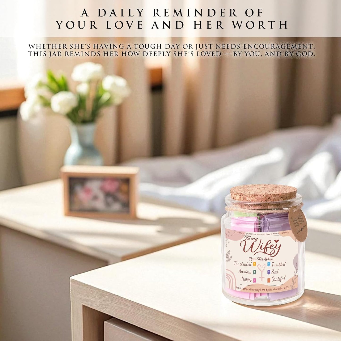 Bible Verse Jar for Wife – 92 Inspirational Scriptures by Emotion, Christian Gift from Husband to Wifey, Encouragement Jar for Women, Romantic & Faith-Based Gift