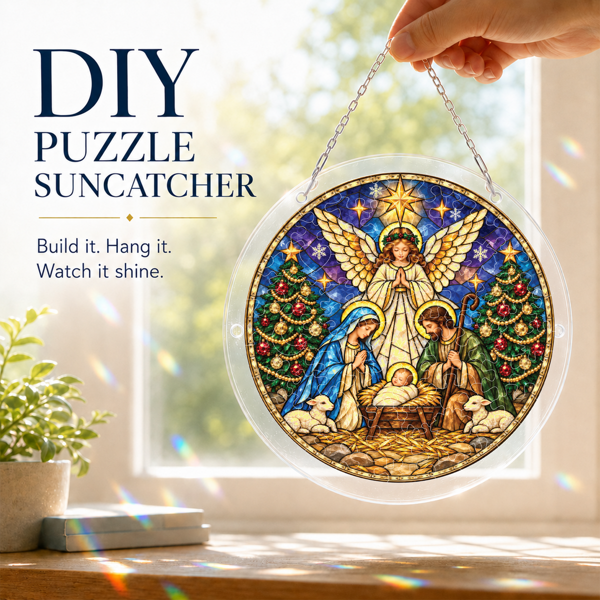 Nativity Scene Puzzle Suncatcher – Christian Christmas Window Hanging Decor 8.9 in