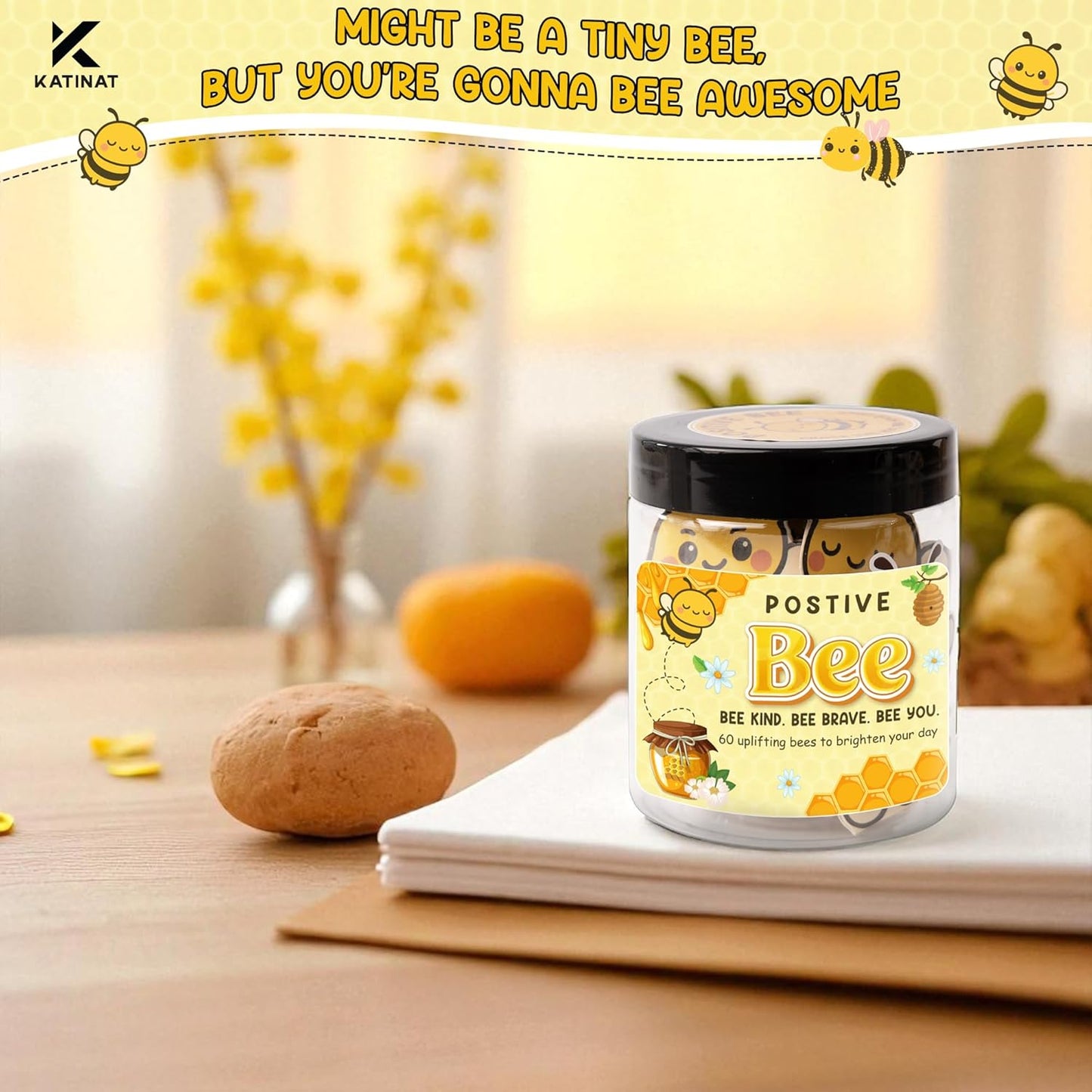 Positive Bee Jar – 60 Cute Bee Affirmation Cards for Women, Teachers, Grandma, Inspirational Gifts for Stress Relief, Self-Care, Birthday, Desk Decor for Bee Lovers (Positive Bee)