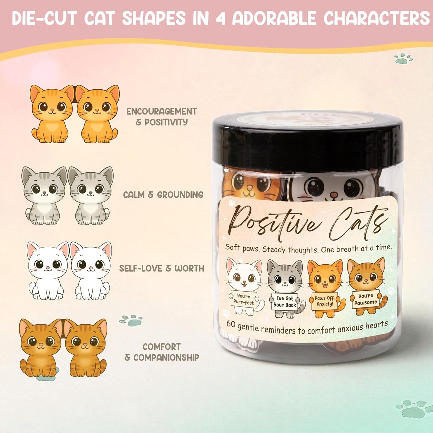 Positive Cats Jar – 60 Affirmation Cards for Anxiety & Self Care, Cat Gifts for Women, Teens & Men, Mental Health & Stress Relief Support Gifts, Cat Mom Gift