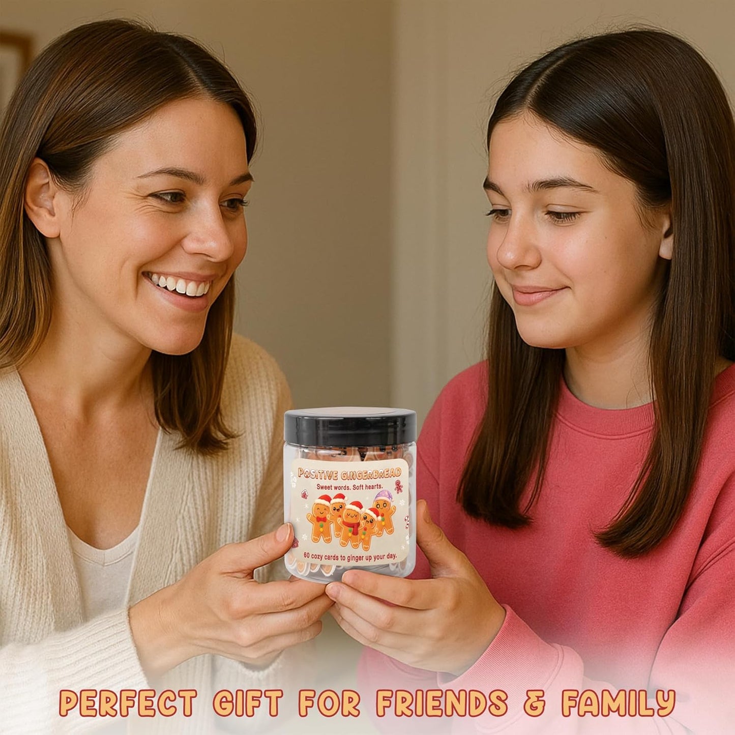 Positive Gingerbread Jar – 60 Funny Emotional Support Gingerbread, Christmas Gifts for Teens, Women, Men, Coworkers, Teachers, Sisters, Friends – Christmas Stocking Stuffer for Teen Girls, Boys