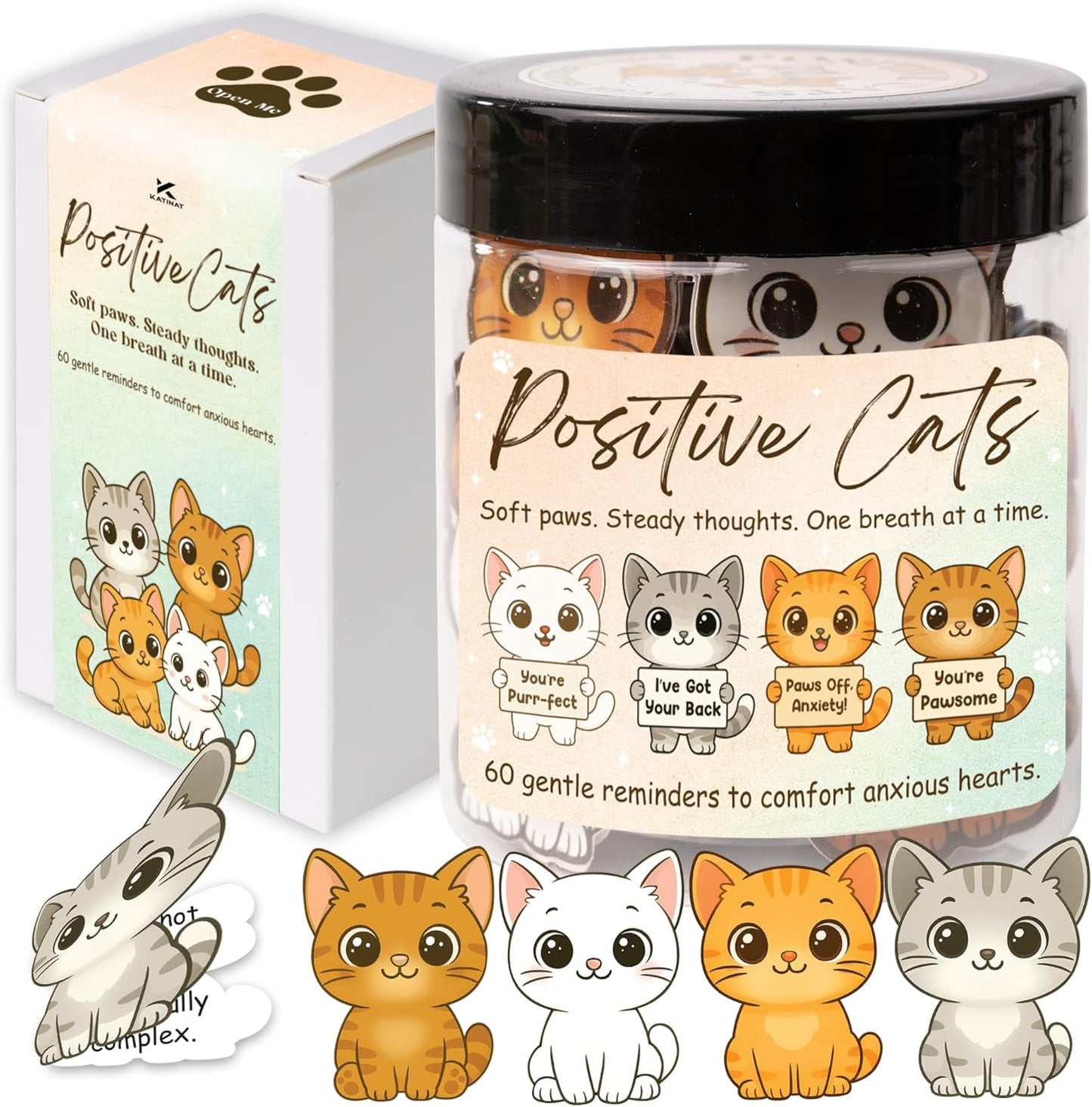 Positive Cats Jar – 60 Affirmation Cards for Anxiety & Self Care, Cat Gifts for Women, Teens & Men, Mental Health & Stress Relief Support Gifts, Cat Mom Gift