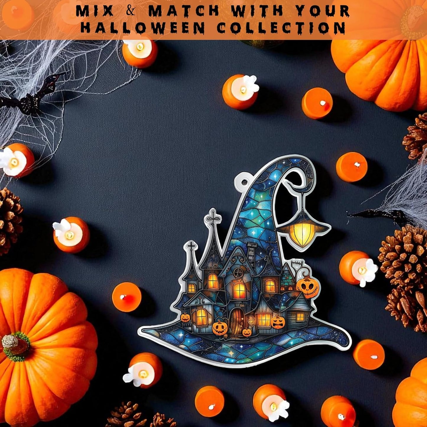 Witch Hats Ornament, Halloween Stained Glass Acrylic Ornaments, Halloween Party Supplies Indoor Outdoor Accessories, for Women, Basket Stuffers for Adults