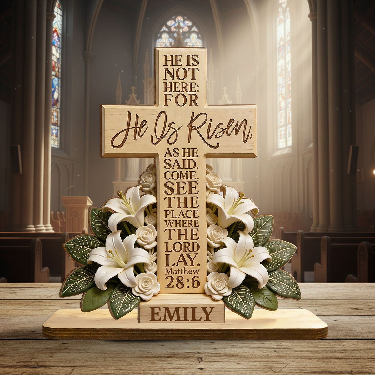 He Is Risen With Lillies - Personalized Wooden Plaque