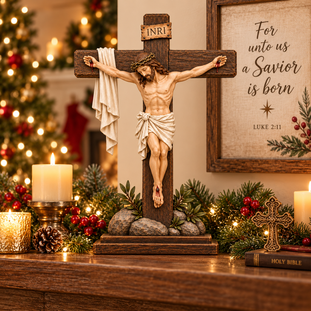 Jesus Christ Crucifixion Plaque – Rustic Christian Religious Tabletop Decor