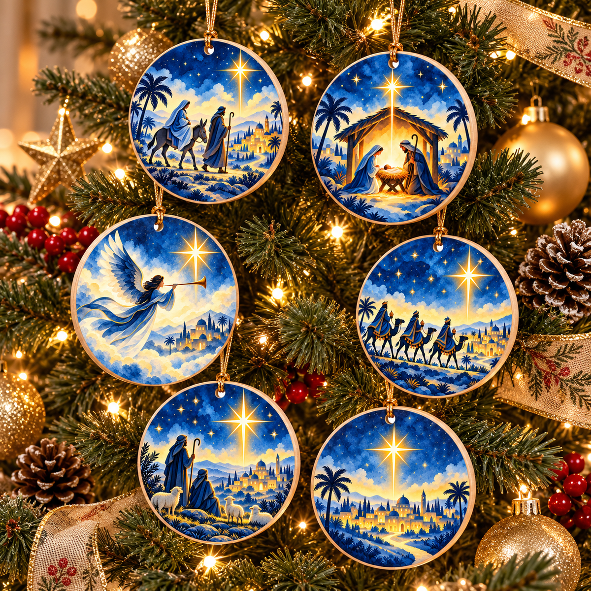 O Holy Night Nativity Journey Wooden Christmas Ornaments – Set of 6