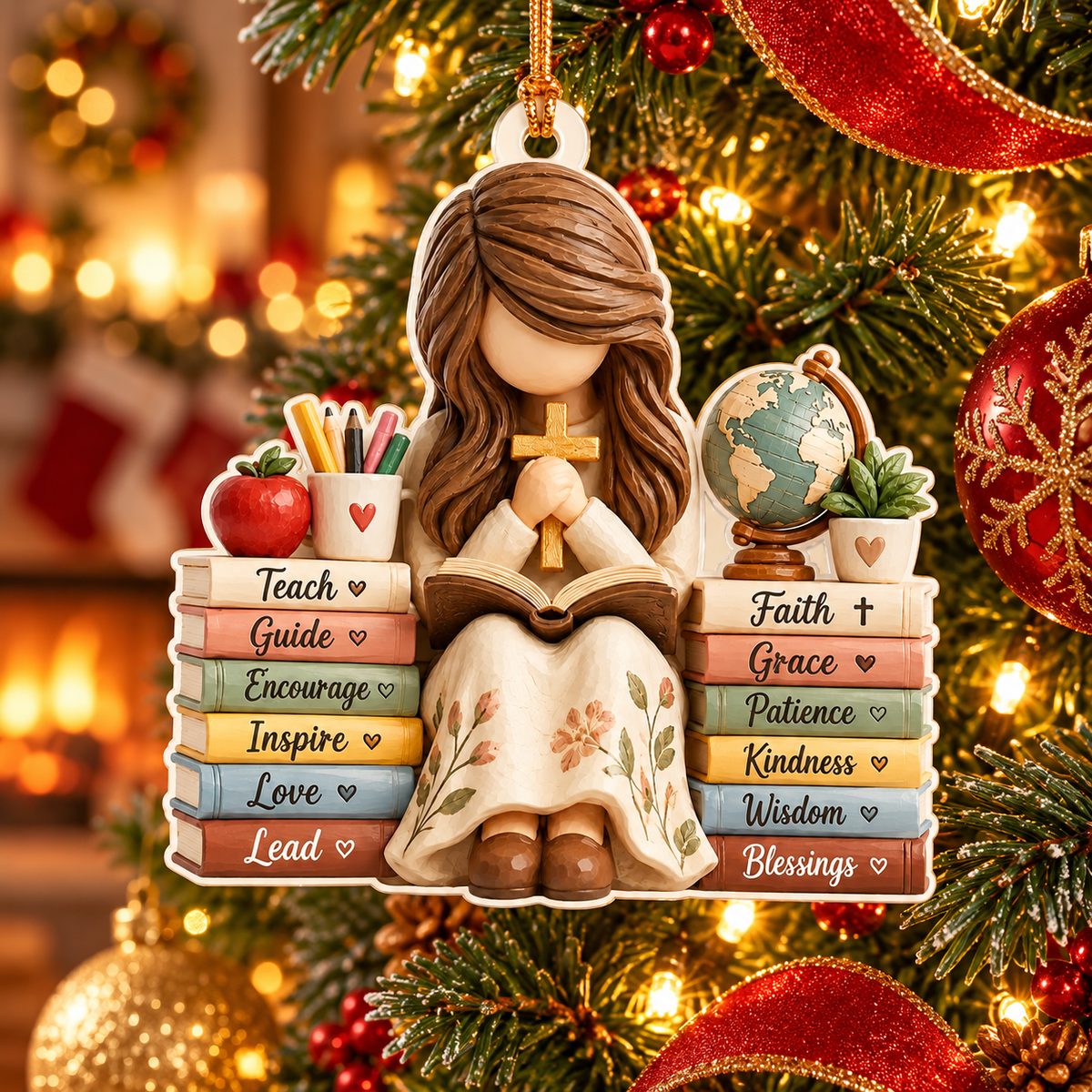 Christian Teacher Bible Christmas Ornament – Inspirational Faith-Based Teacher Appreciation Gift