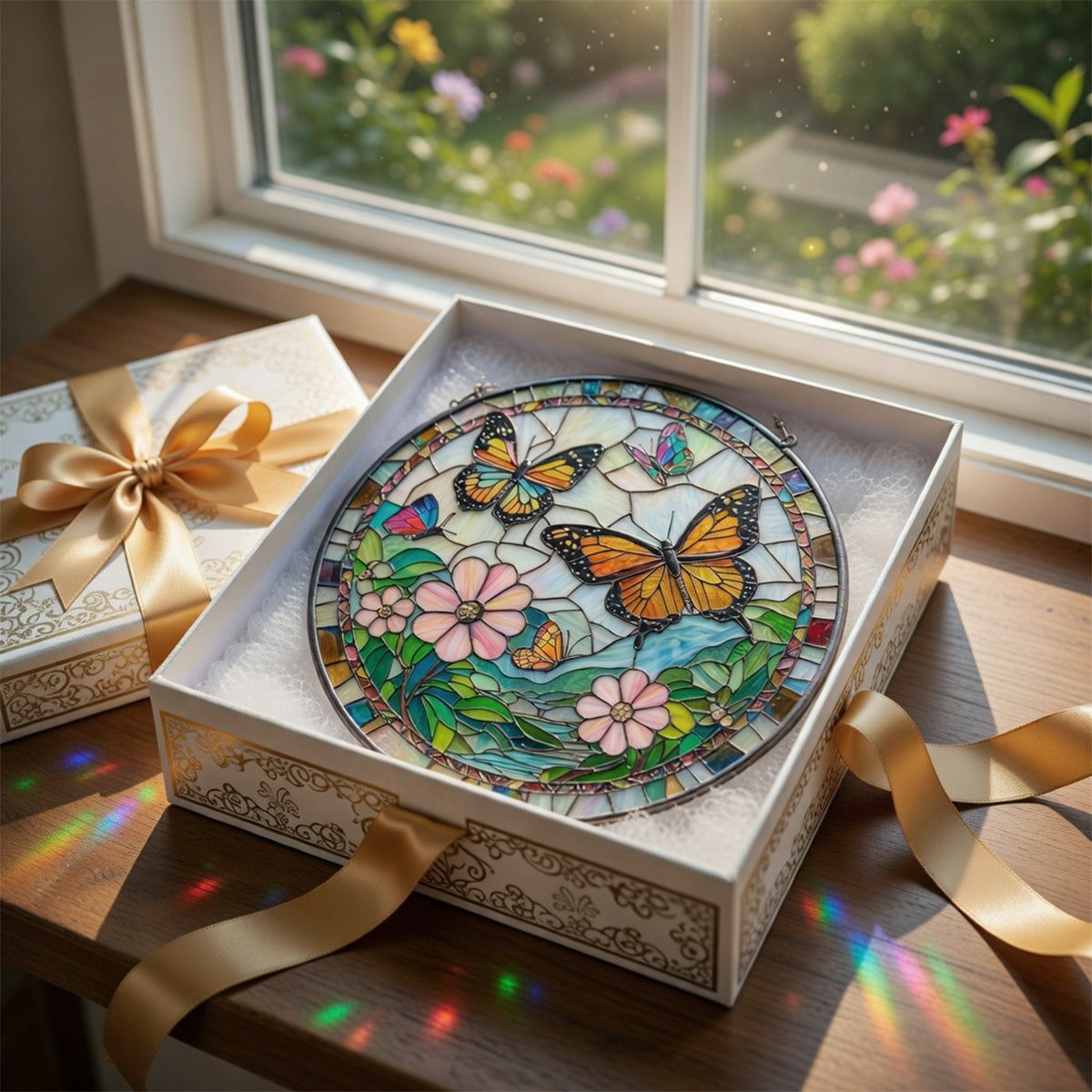Butterflies Flowers - Glass Suncatcher