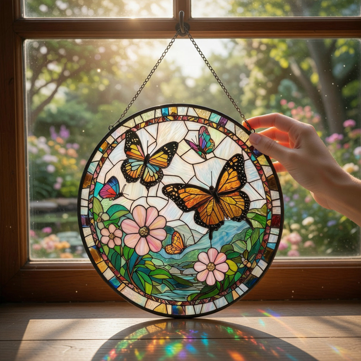 Butterflies Flowers - Glass Suncatcher