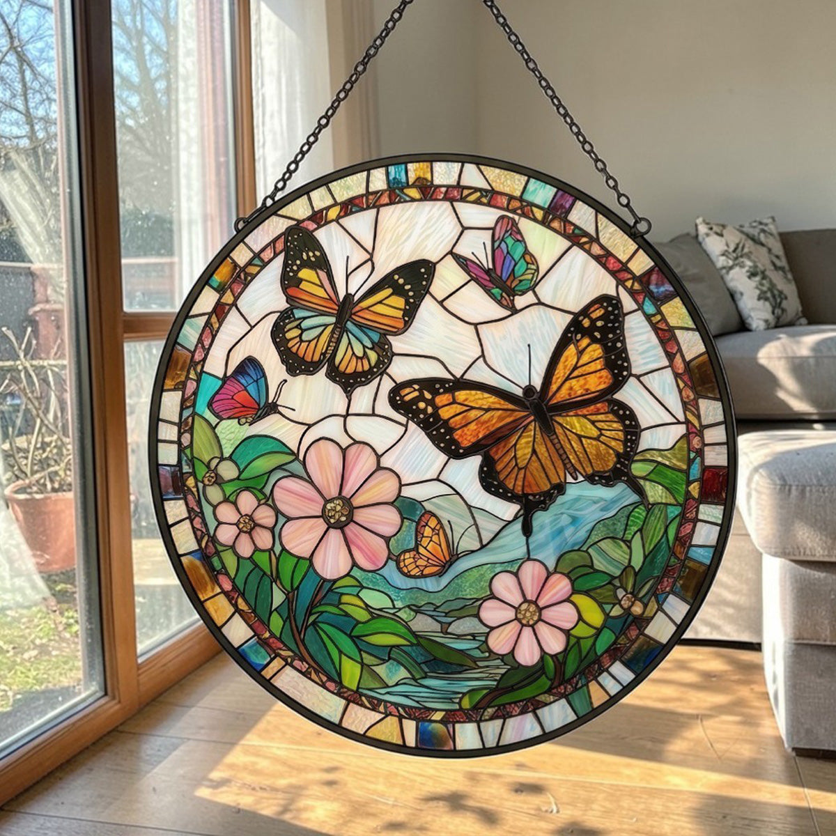Butterflies Flowers - Glass Suncatcher