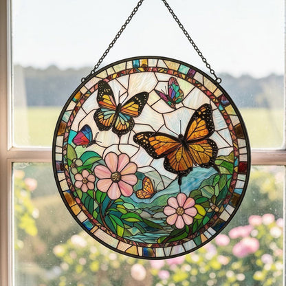 Butterflies Flowers - Glass Suncatcher