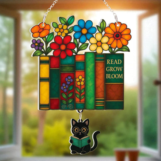 Book Ornament Stained Glass Window Hanging Acrylic, Teacher Back to School Gift, Bookish Gifts for Librarian, Book Lovers, Reader, Women, Suncatcher Effect Decor for Christmas Tree