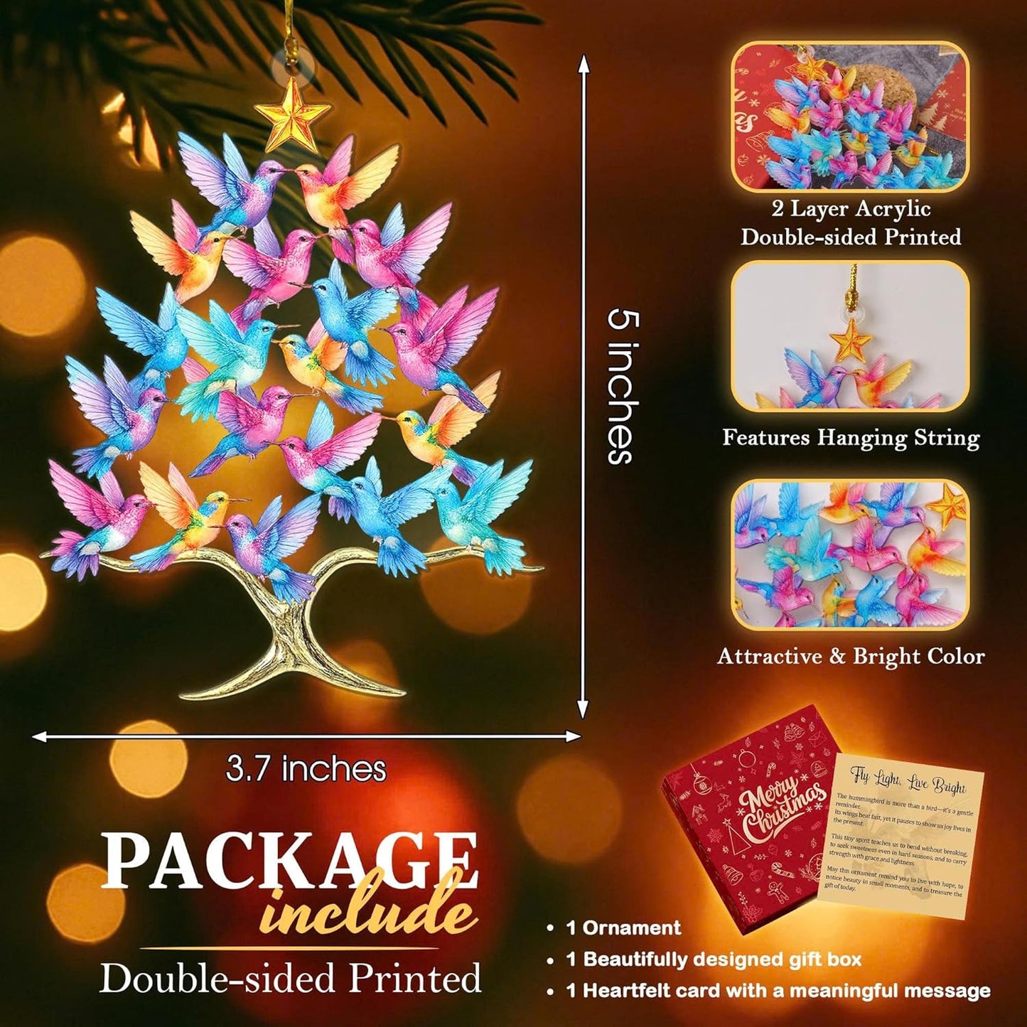 Hummingbird Christmas Ornament 2025, 3D Double Layer Acrylic Humming Bird Ornaments for Christmas Tree, Hummingbird Gifts for Women, White Elephant for Women, Xmas Tree Decorations