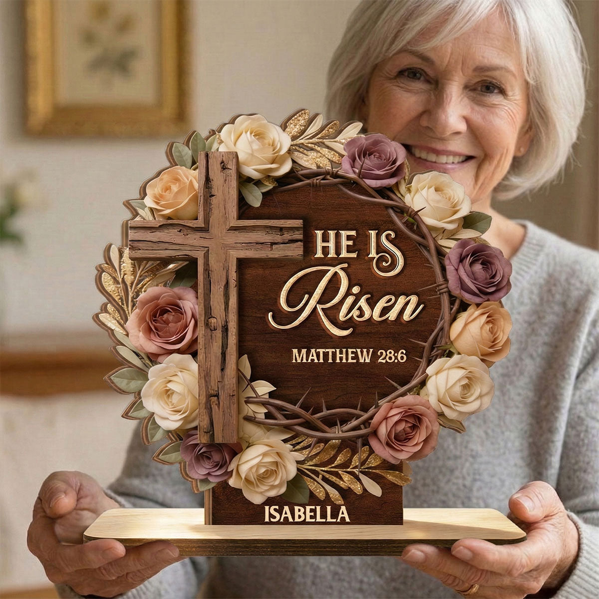He Is Risen Flower Wreath - Personalized Wooden Plaque