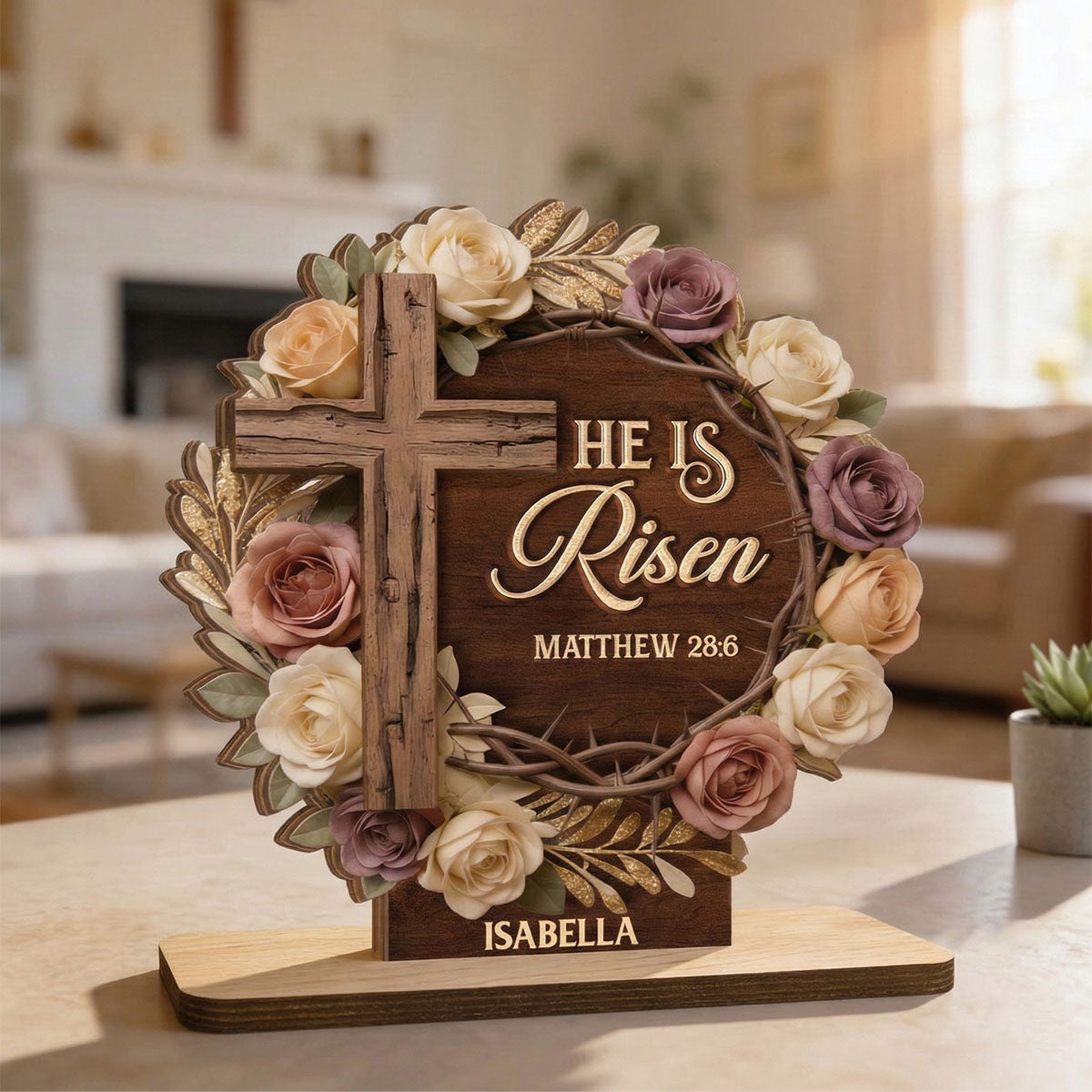 He Is Risen Flower Wreath - Personalized Wooden Plaque