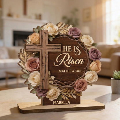 He Is Risen Flower Wreath - Personalized Wooden Plaque