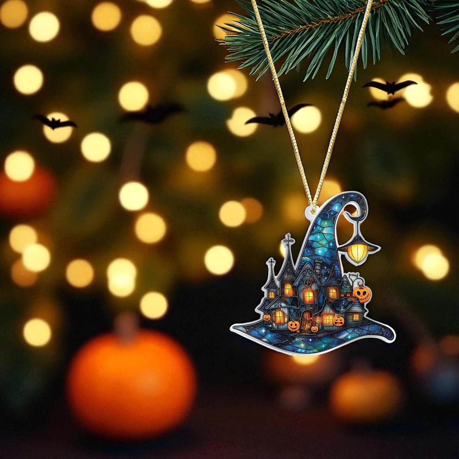 Witch Hats Ornament, Halloween Stained Glass Acrylic Ornaments, Halloween Party Supplies Indoor Outdoor Accessories, for Women, Basket Stuffers for Adults