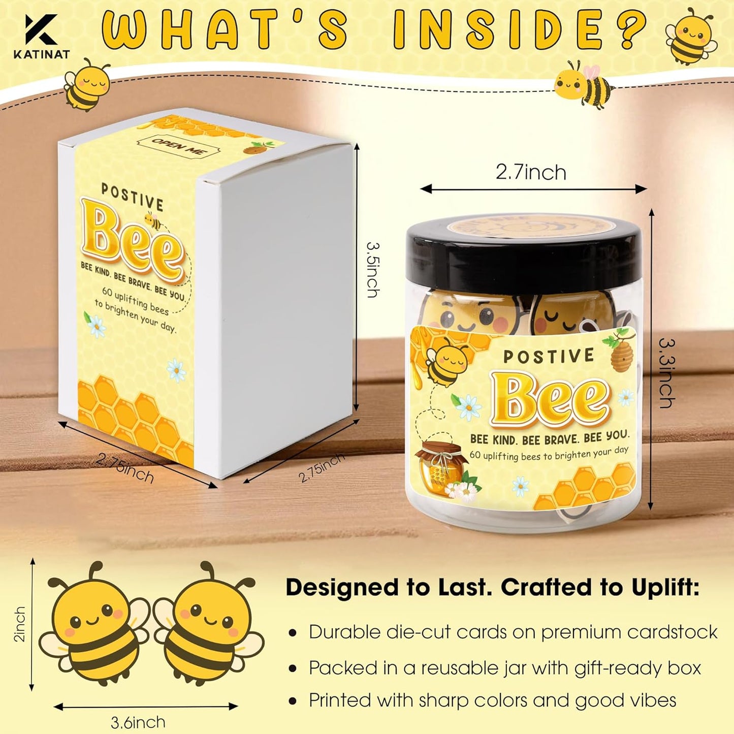 Positive Bee Jar – 60 Cute Bee Affirmation Cards for Women, Teachers, Grandma, Inspirational Gifts for Stress Relief, Self-Care, Birthday, Desk Decor for Bee Lovers (Positive Bee)