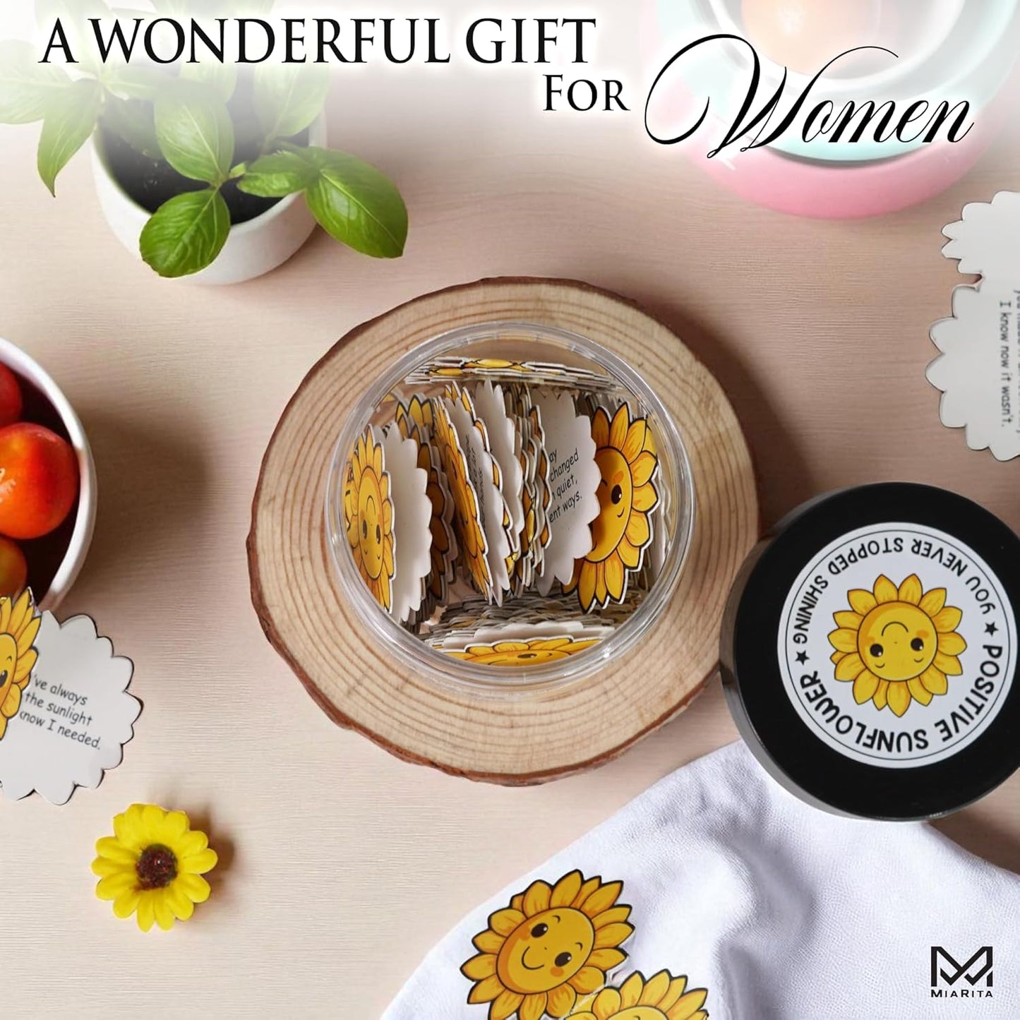 Positive Sunflower Jar, 60 Affirmation Cards for Women, Spiritual Gifts for Women, Wife, Mom, Friends, Sunflower Gift, Inspirational Gifts for Coworker, Boss, White Elephant Gift Ideas