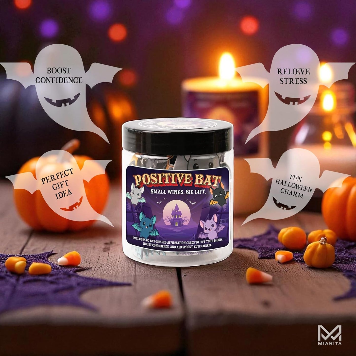 Positive Bat Jar, 60 Bat-Shaped Affirmation Cards, Cute Spooky Self Care, for Women & Teens, Halloween Basket Stuffers for Adults, Boo Basket Stuffers for Women