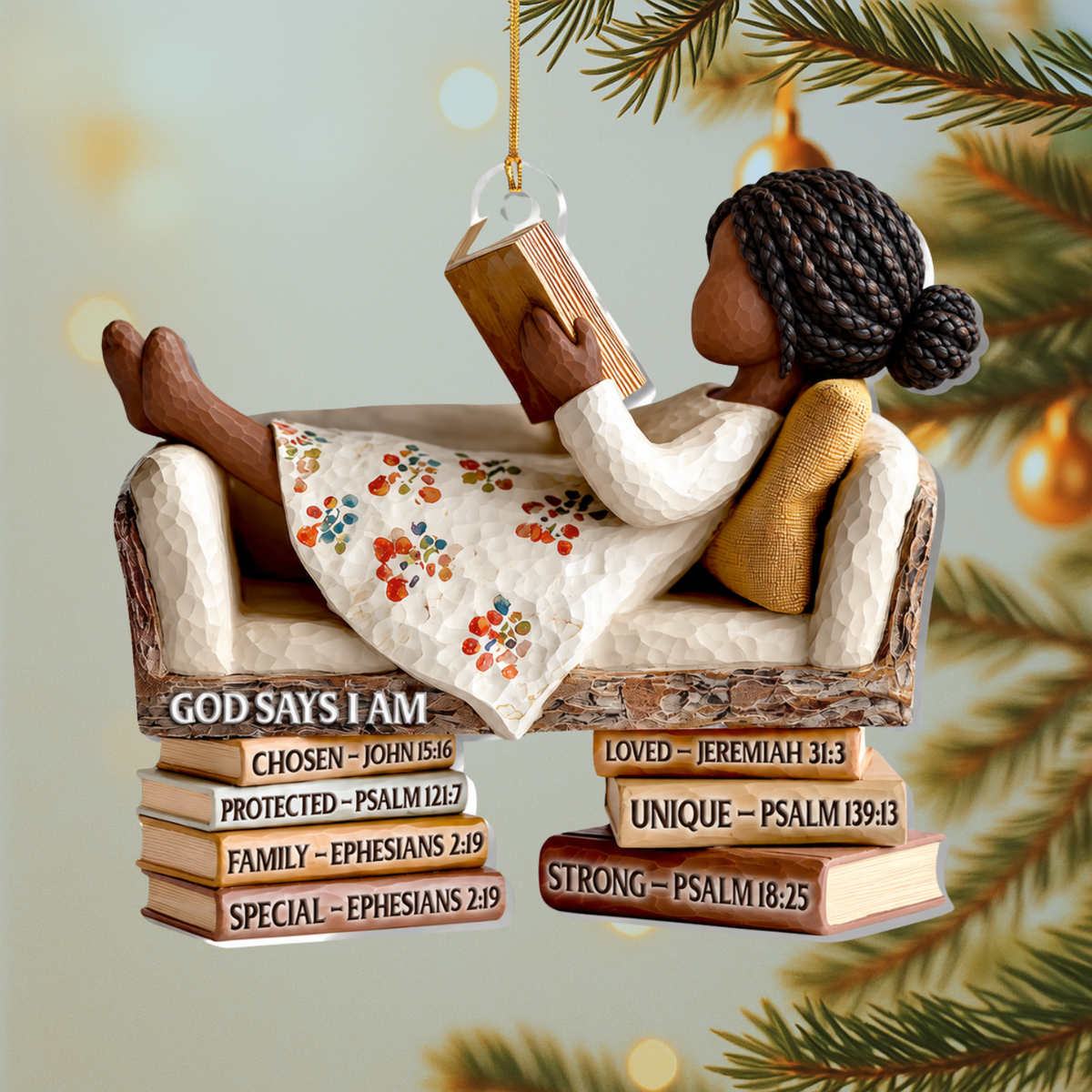 Black Woman Cozy Bible Reading Christmas Ornament