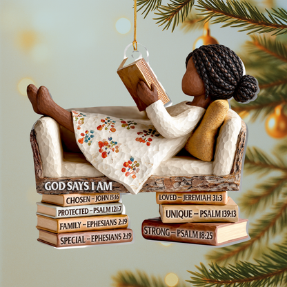 Black Woman Cozy Bible Reading Christmas Ornament