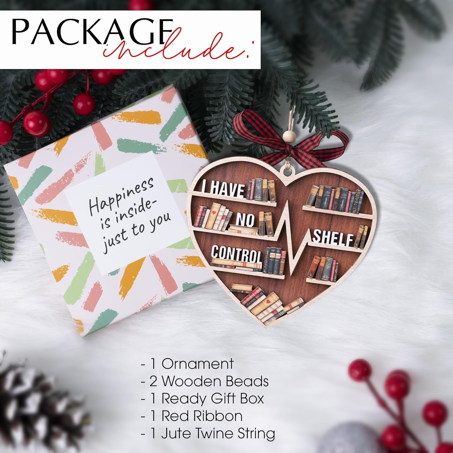 Book Ornament, 3D Wooden Book Ornaments for Christmas Tree, Book Lovers Gifts for Women, Bookish Gifts for Librarian, Reader, Reading Accessories, I Have No Shelf Control