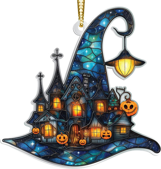 Witch Hats Ornament, Halloween Stained Glass Acrylic Ornaments, Halloween Party Supplies Indoor Outdoor Accessories, for Women, Basket Stuffers for Adults