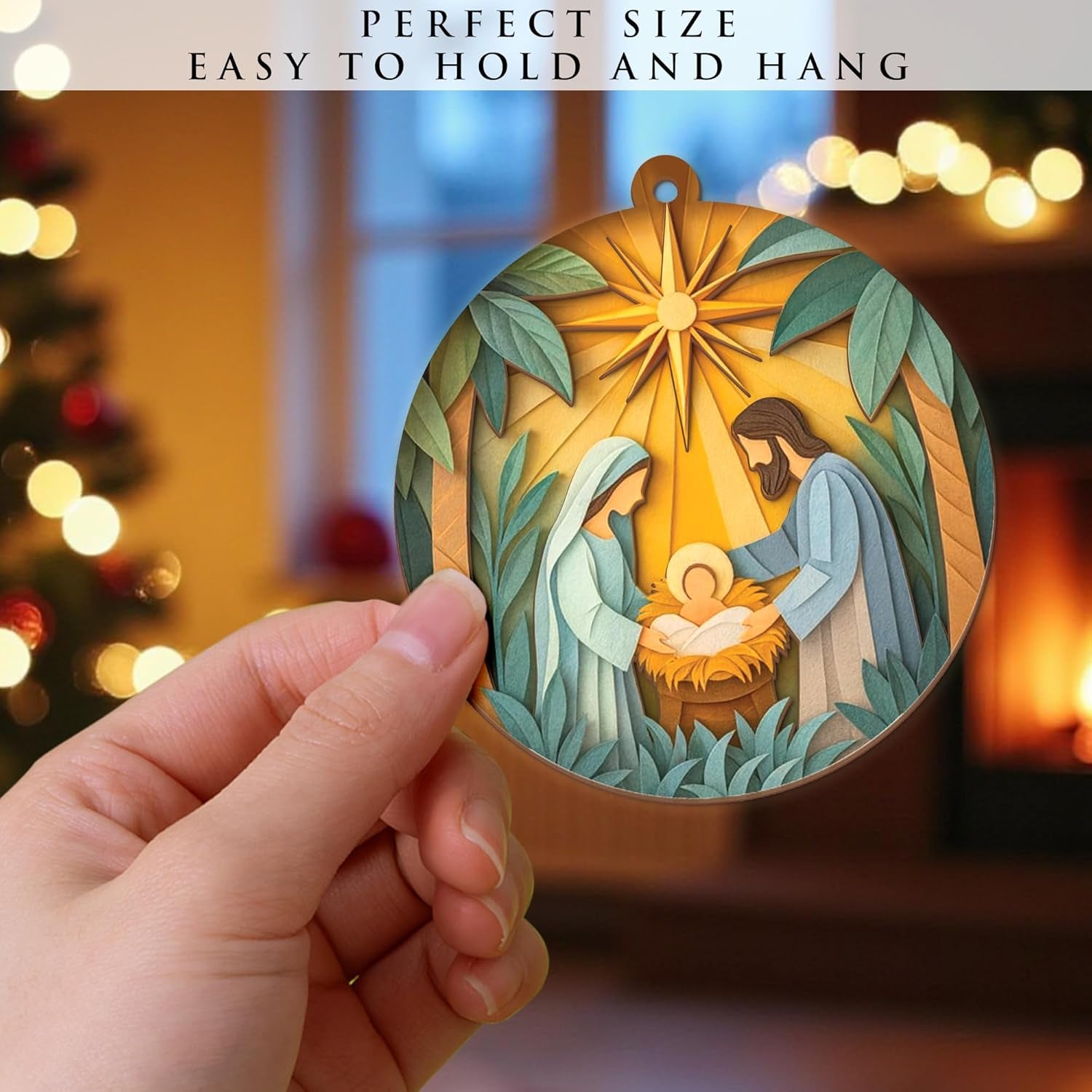 Nativity Christmas Ornament – Religious Holy Family Ornament with Bethlehem Star, Christian Christmas Tree Decoration, Layered 3D Style Ornament Gift for Christian Families