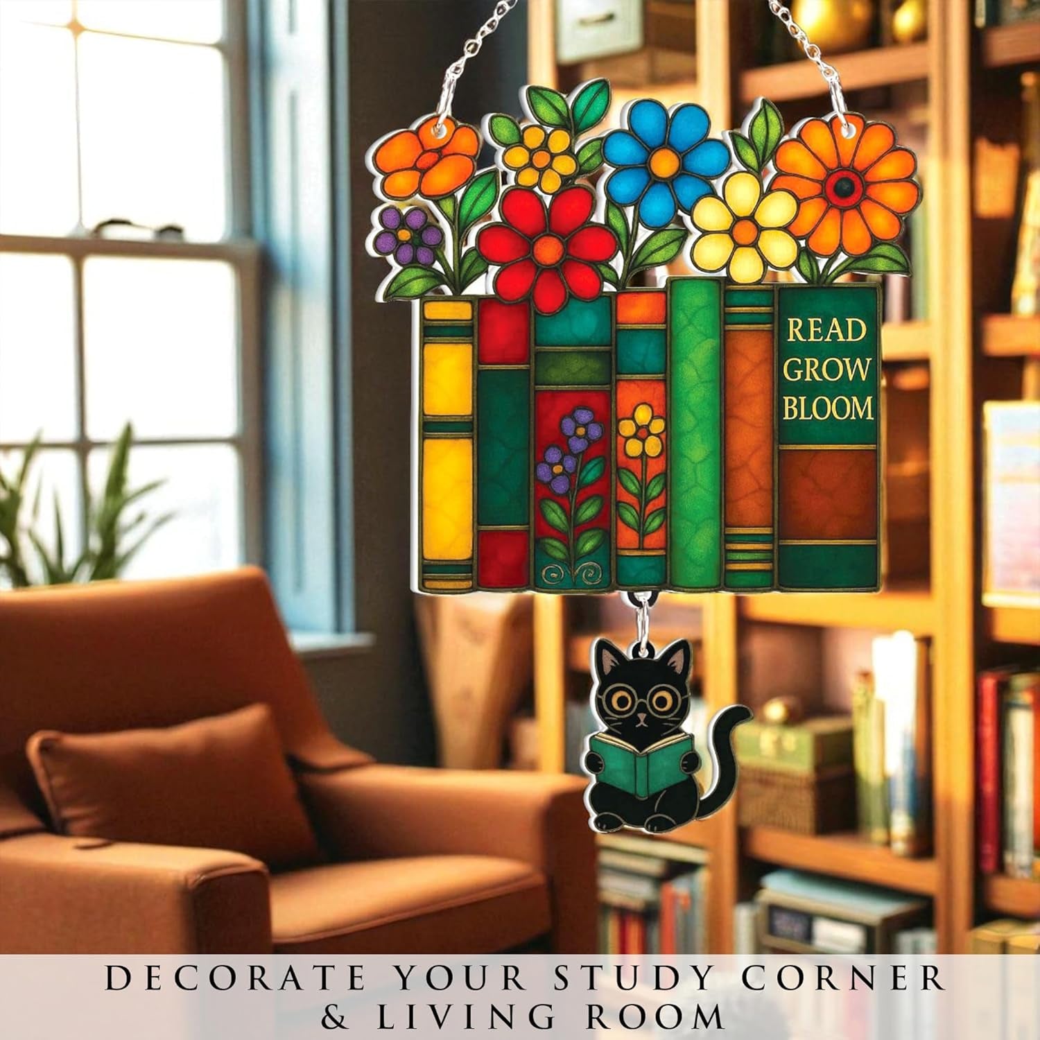 Book Ornament Stained Glass Window Hanging Acrylic, Teacher Back to School Gift, Bookish Gifts for Librarian, Book Lovers, Reader, Women, Suncatcher Effect Decor for Christmas Tree