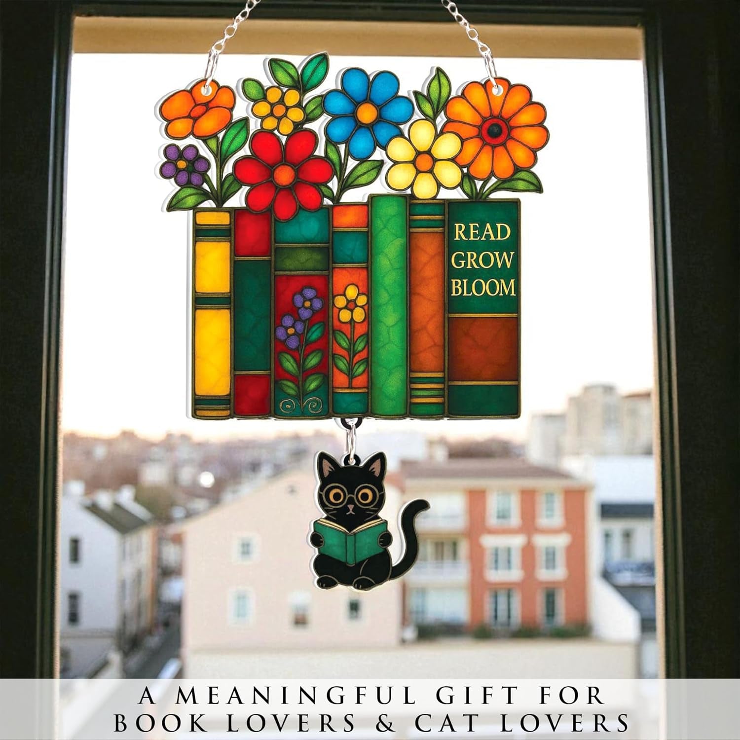 Book Ornament Stained Glass Window Hanging Acrylic, Teacher Back to School Gift, Bookish Gifts for Librarian, Book Lovers, Reader, Women, Suncatcher Effect Decor for Christmas Tree