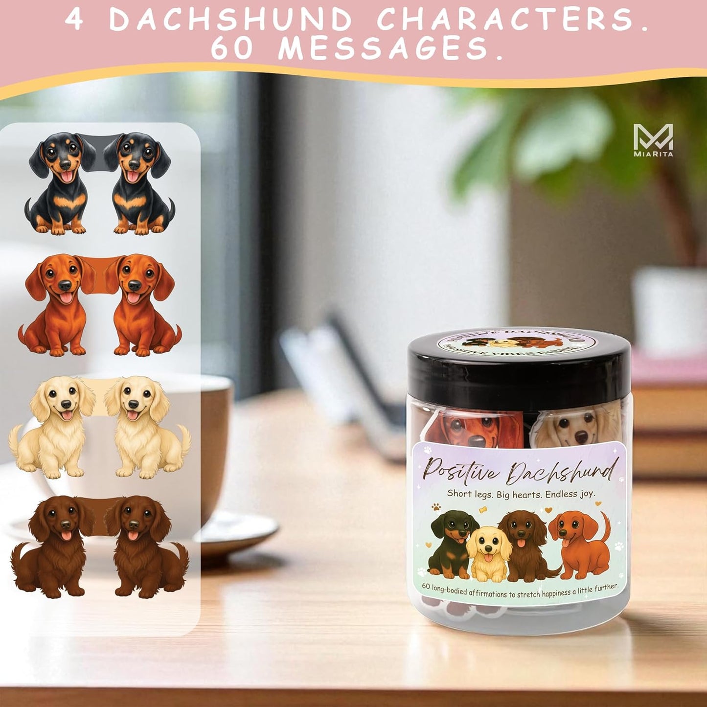 Positive Dachshund Jar – 60 Positive Affirmation Cards for Women, Mindfulness Cards, Stress Relief & Self Care Gifts for Women, Teen Girl, Birthday Gift for Her, Friendship Gift, Dachshund Gifts