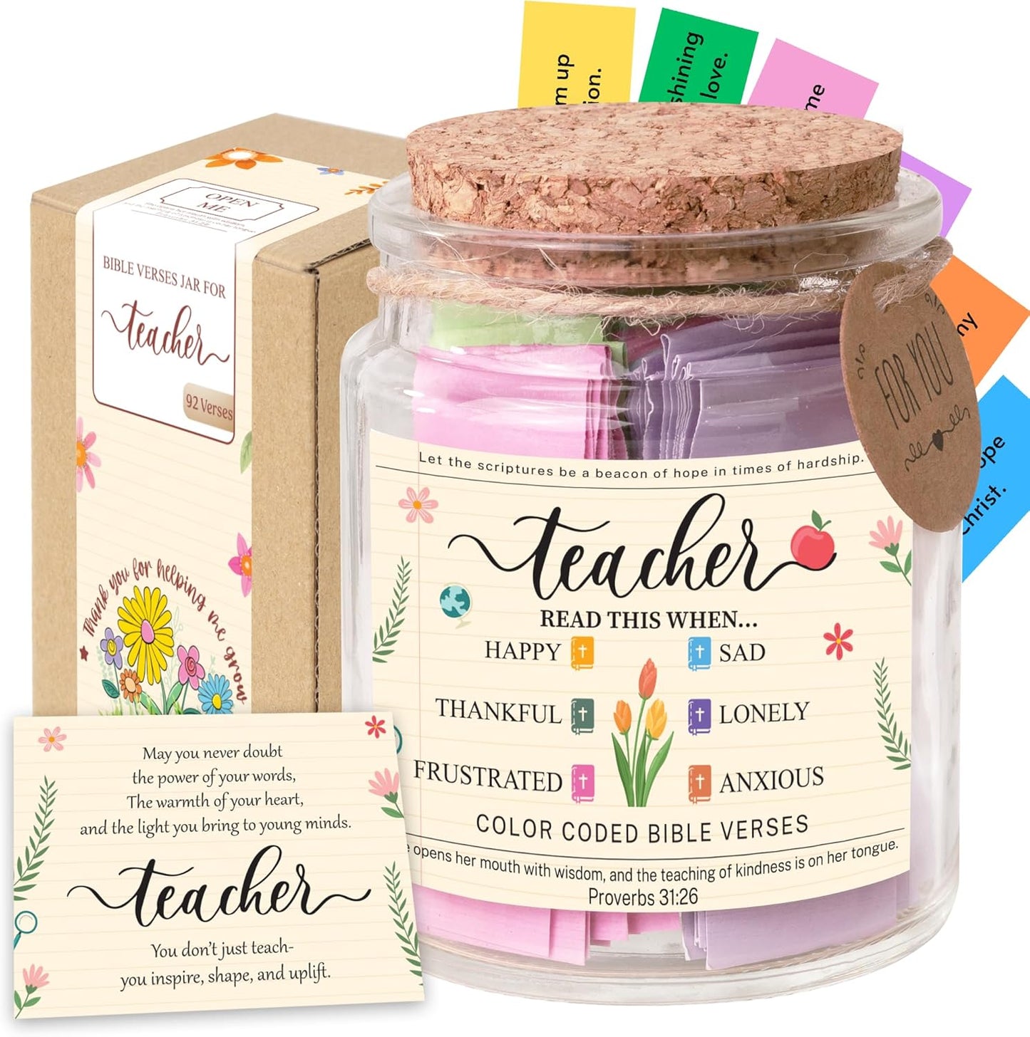 Bible Verse Jar for Teacher – 92 Color-Coded Scriptures, Christian Teacher Gift for Women, Encouraging Back to School Teacher Gifts, Inspirational Teacher Appreciation Present