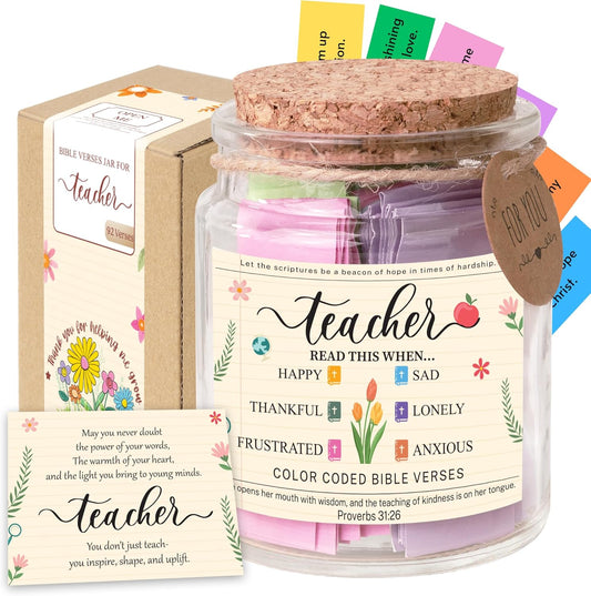 Bible Verse Jar for Teacher – 92 Color-Coded Scriptures, Christian Teacher Gift for Women, Encouraging Back to School Teacher Gifts, Inspirational Teacher Appreciation Present