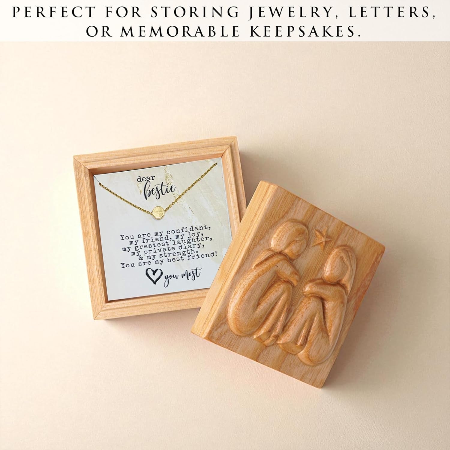 Hand-Carved Wooden Friendship Keepsake Box, Sculpted Hand-Painted Keepsake Box Forever True, Forever Friends, Holds Jewelry and Treasures, Carving of Best Friends or Sisters, Soul Sister Gift, Bestie Birthday Gifts for Women