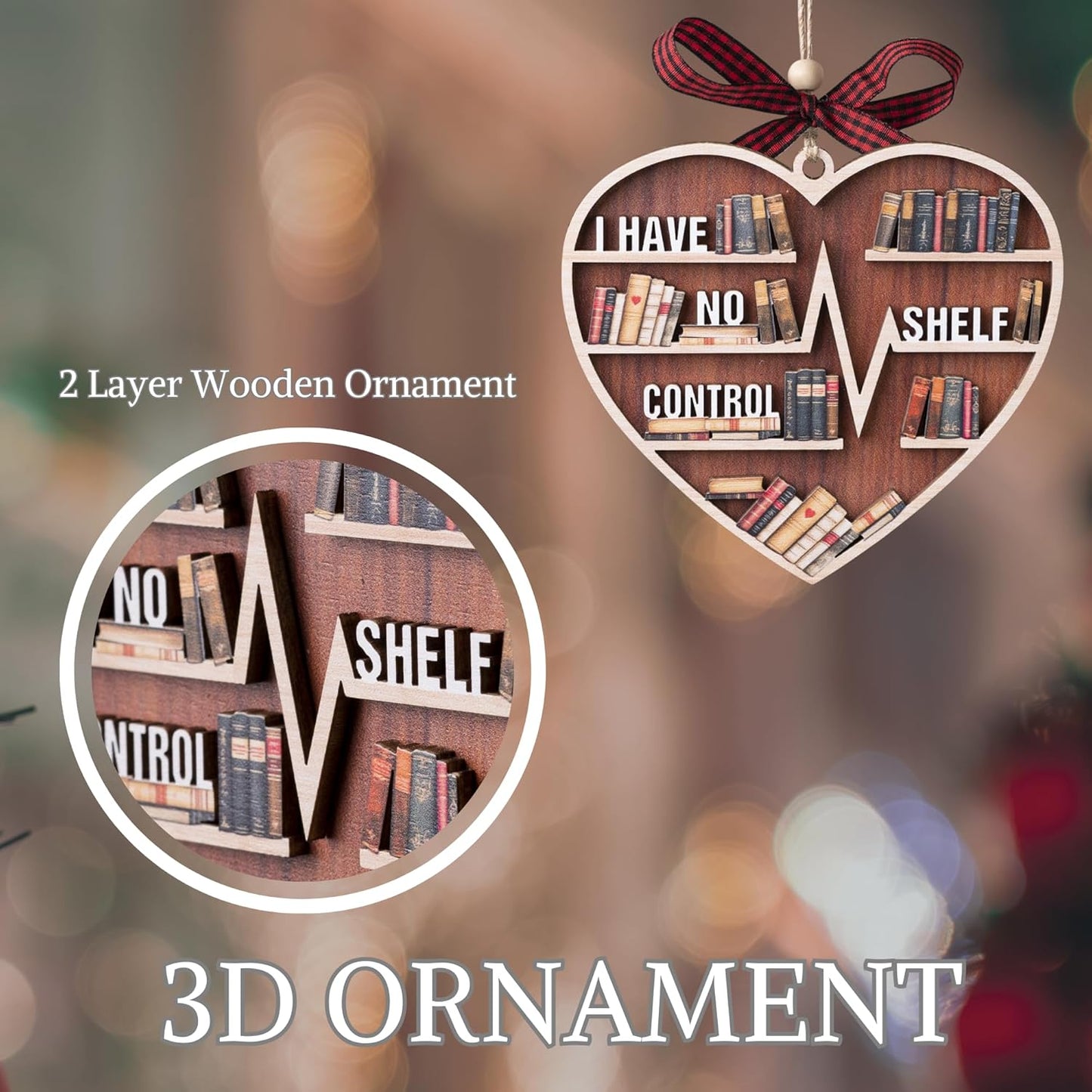 Book Ornament, 3D Wooden Book Ornaments for Christmas Tree, Book Lovers Gifts for Women, Bookish Gifts for Librarian, Reader, Reading Accessories, I Have No Shelf Control