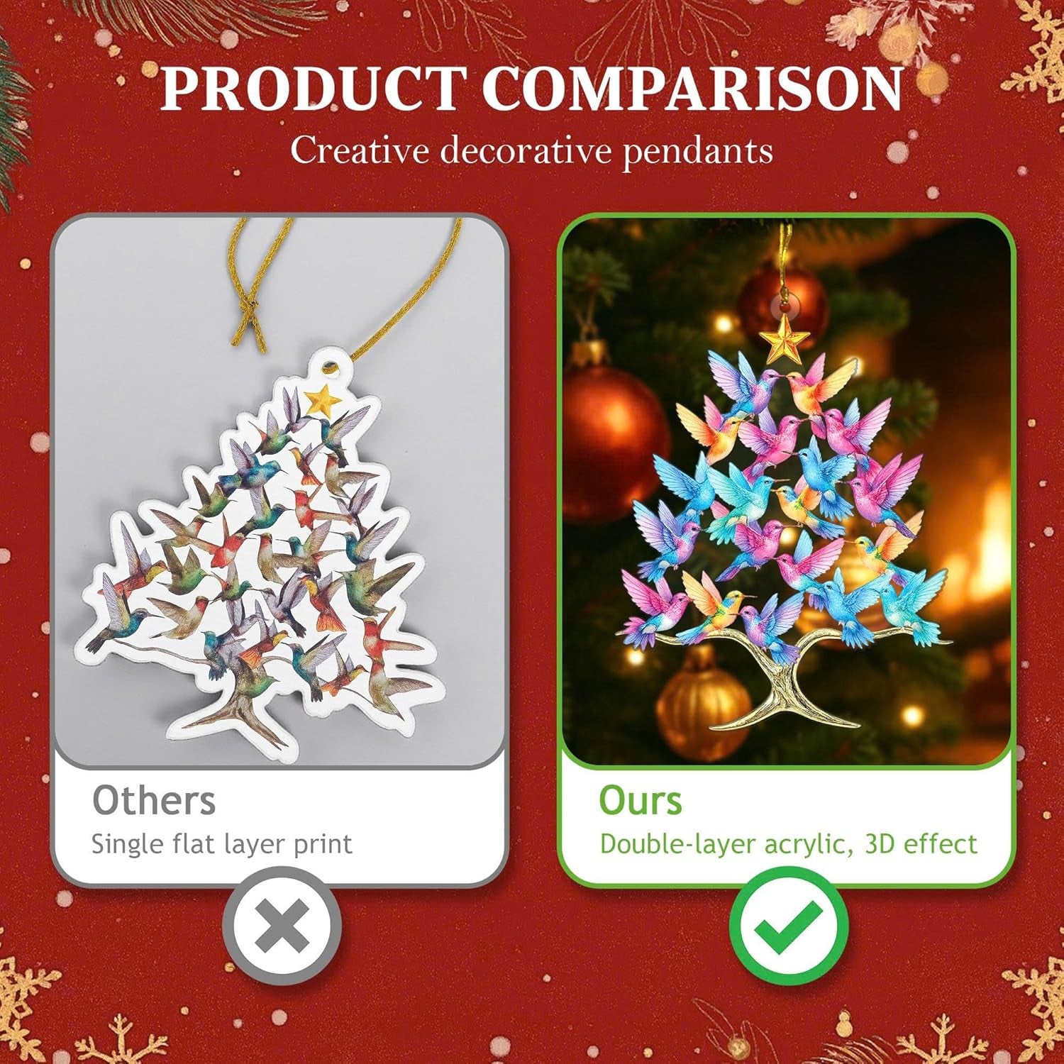 Hummingbird Christmas Ornament 2025, 3D Double Layer Acrylic Humming Bird Ornaments for Christmas Tree, Hummingbird Gifts for Women, White Elephant for Women, Xmas Tree Decorations