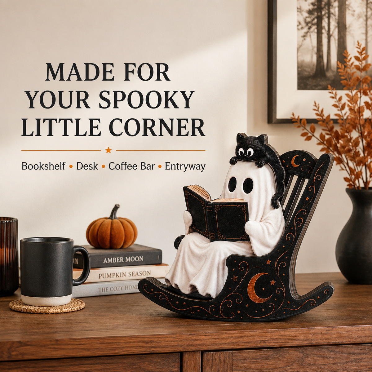 Ghost & Black Cat Rocking Chair Halloween Decor