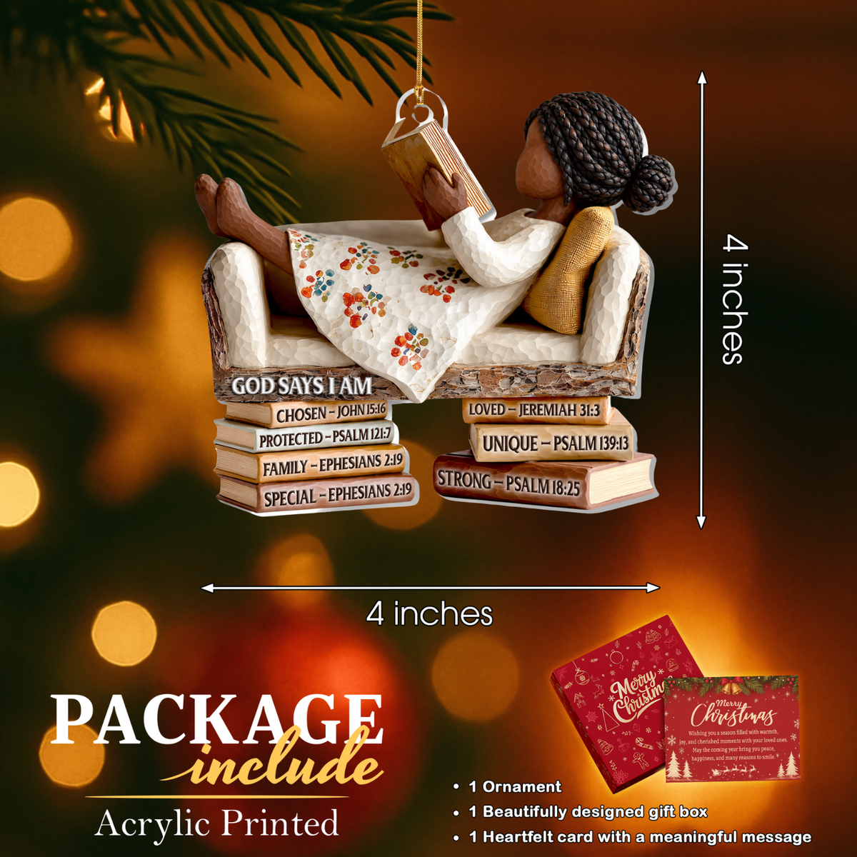 Black Woman Cozy Bible Reading Christmas Ornament