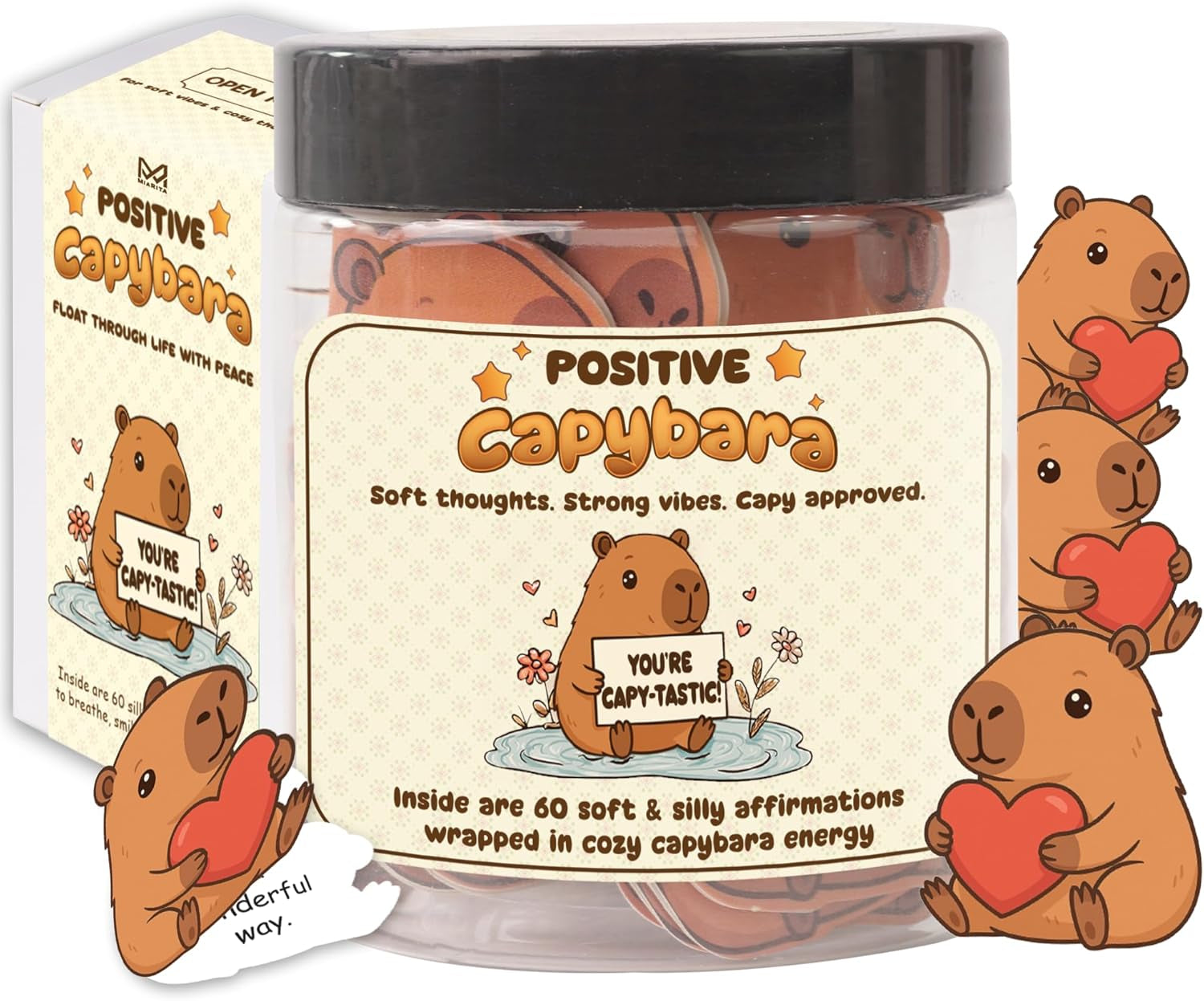 Positive Capybara Jar - 60 Positive Affirmation Cards for Women, Girls, Cards to Reduce Anxiety & Increase Relaxation, Capybara Gifts for Women, Kids, Teen Girl Gifts Trendy Stuff
