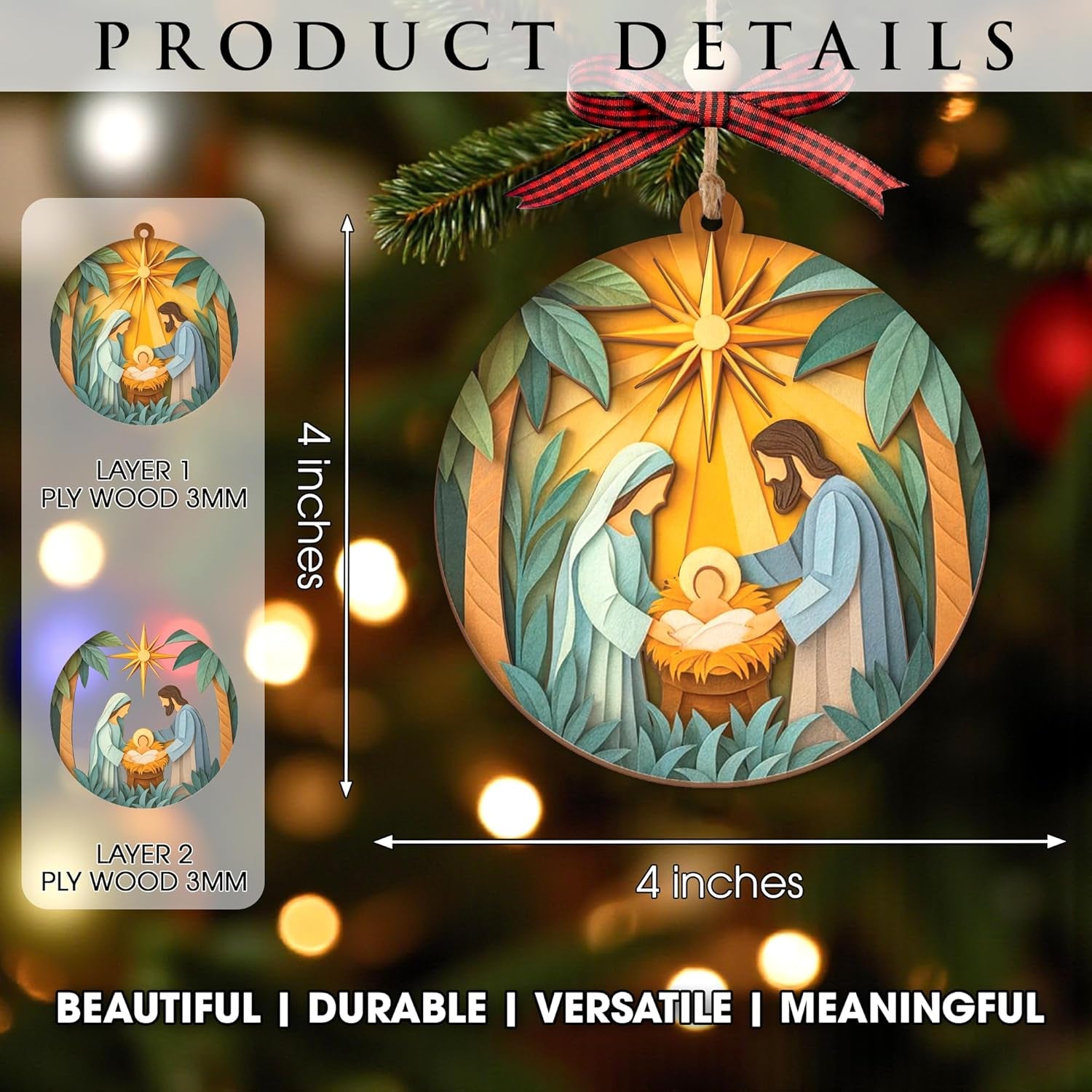 Nativity Christmas Ornament – Religious Holy Family Ornament with Bethlehem Star, Christian Christmas Tree Decoration, Layered 3D Style Ornament Gift for Christian Families
