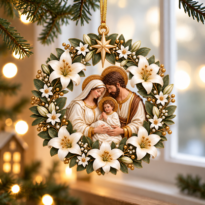 Holy Family Nativity Christmas Ornament – White Lily Wreath with Gold Star, Religious Christmas Tree Decoration