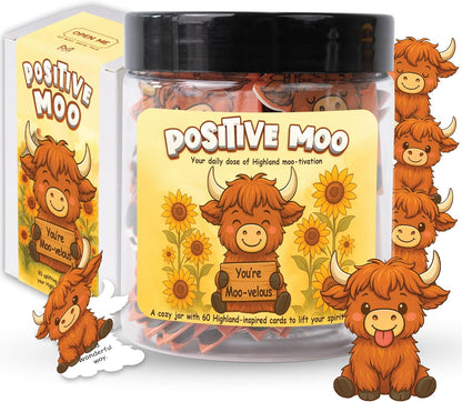 Positive Highland Cow Jar – 60 Affirmation Cards for Women, Girls - Mental Health & Stress Relief Support Gift, Highland Cow Gifts for Women, Coworker, Teen Girl Gift Trendy Stuff, White Elephant Gifts