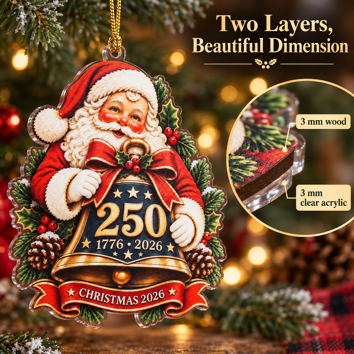America 250th Anniversary Santa Bell Acrylic Ornament