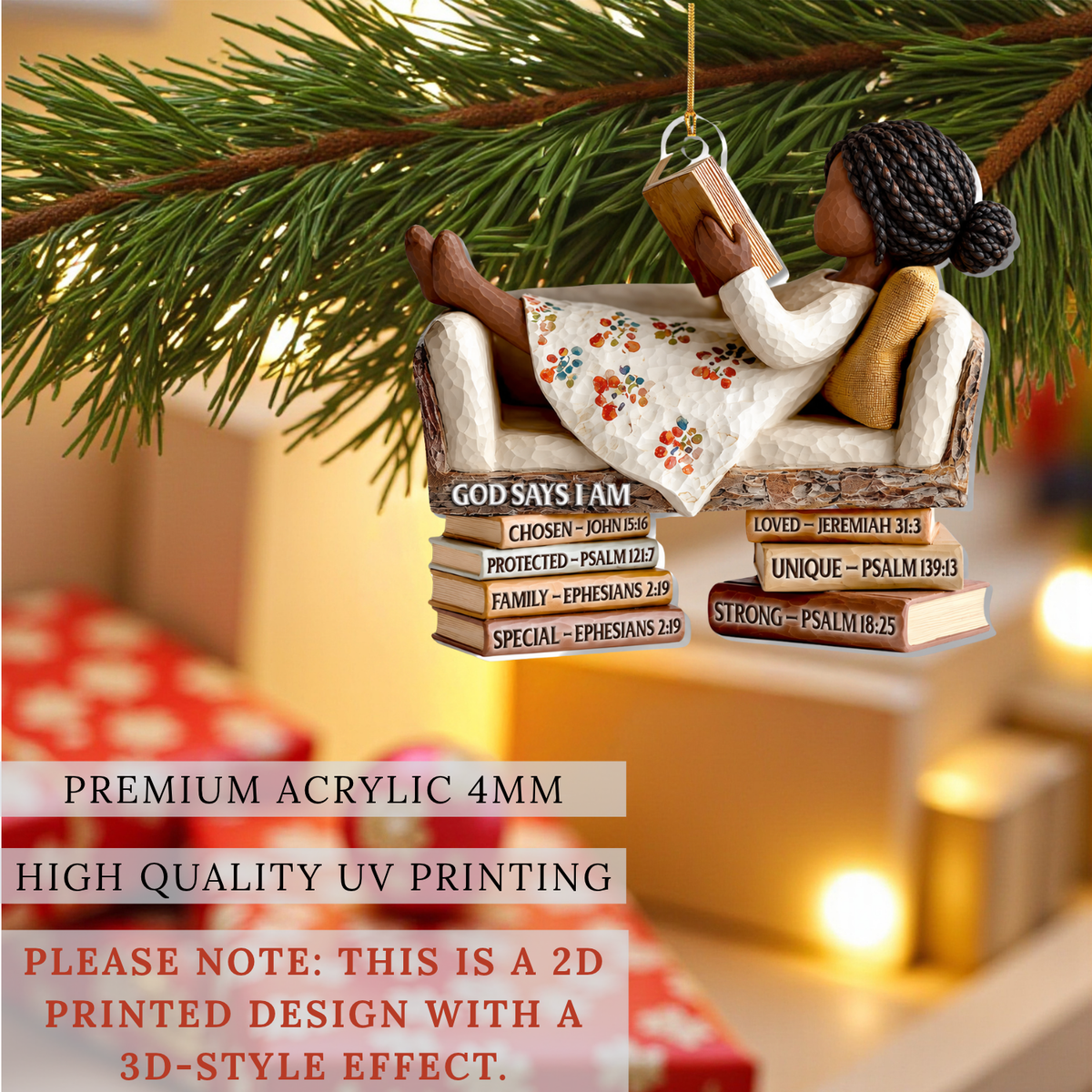 Black Woman Cozy Bible Reading Christmas Ornament