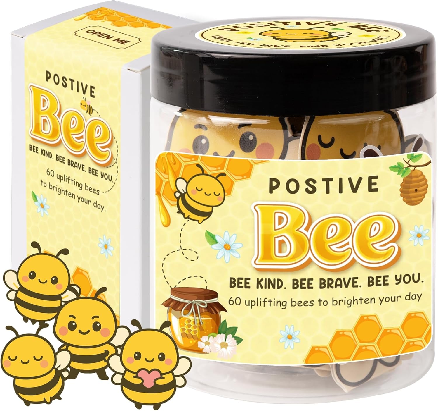 Positive Bee Jar – 60 Cute Bee Affirmation Cards for Women, Teachers, Grandma, Inspirational Gifts for Stress Relief, Self-Care, Birthday, Desk Decor for Bee Lovers (Positive Bee)