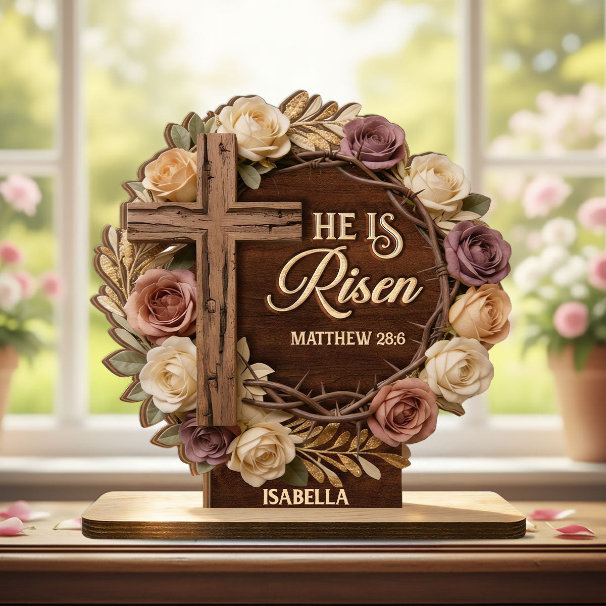 He Is Risen Flower Wreath - Personalized Wooden Plaque