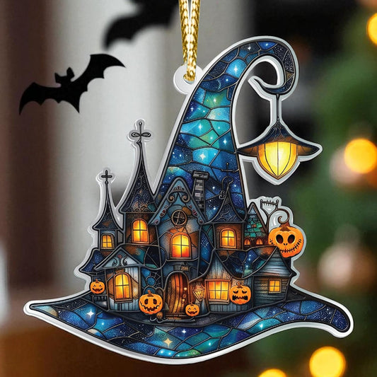 Witch Hats Ornament, Halloween Stained Glass Acrylic Ornaments, Halloween Party Supplies Indoor Outdoor Accessories, for Women, Basket Stuffers for Adults